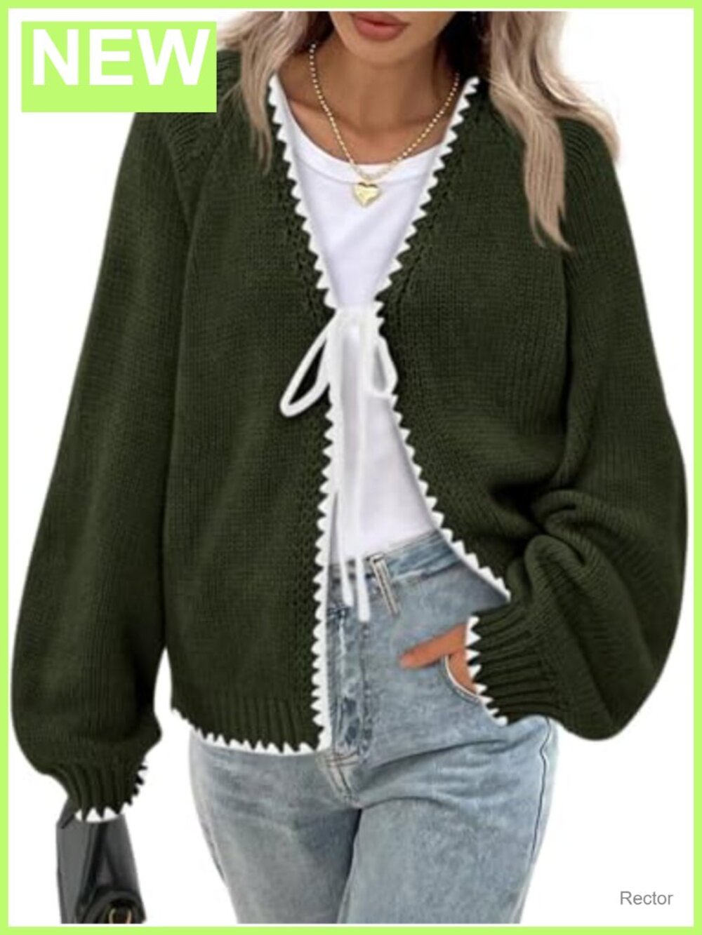 Women's Tie Front V-Neck Cable Knit Cardigan Sweater Long Puff Sleeve